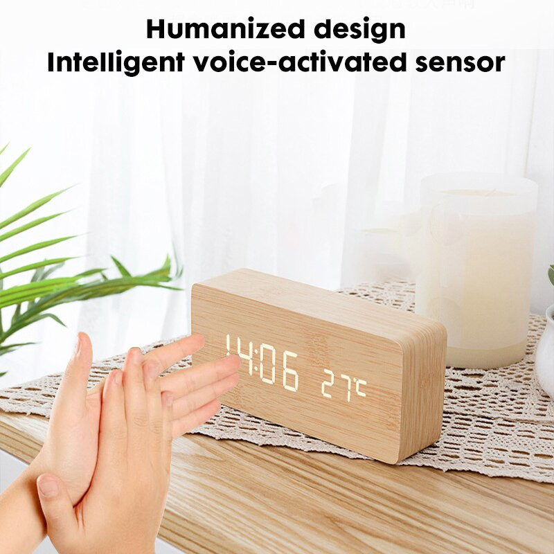 LED drvena budilica Glasovna kontrola Digitalni stolni sat Prikaz temperature Wood Despertador Elektronski USB/AAA Desktop Decor