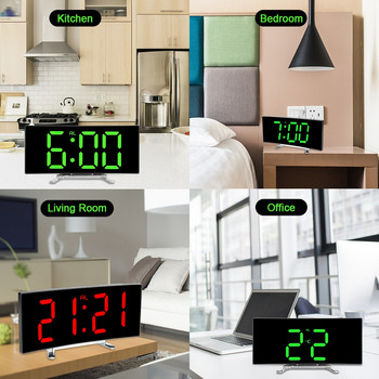 Κρεβατοκάμαρα Καμπυλωτό Ρολόι Καθρέφτη Μεγάλου Αριθμού Επιτραπέζιο Ρολόι Ηλεκτρικό Ρολόι Νύχτας Οθόνη LED Ψηφιακό Ξυπνητήρι 7 ιντσών