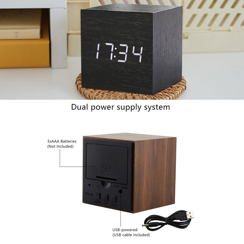 Fa asztali ébresztőóra Négyzet alakú hangvezérlés Nordic Luminous Clocks LED asztali USB/AAA tápellátású asztali elektronikus digitális óra