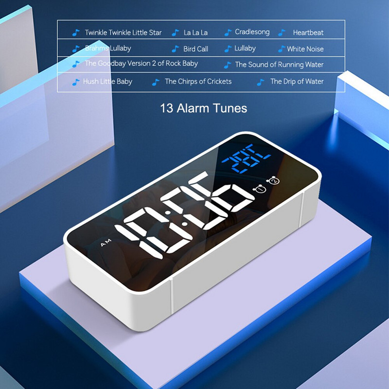 Éjjeli ébresztő digitális tükör, LED zenés ébresztőóra szundi hőmérséklet hőmérővel, akusztikus hangvezérlésű háttérvilágítással