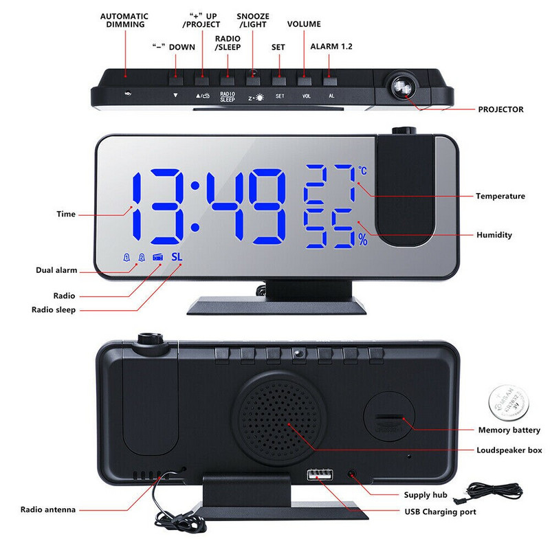 Ceas cu alarmă digital cu LED, ceas de masă, ceasuri electronice de birou, trezire prin USB, radio FM, proiector de timp, funcție de amânare