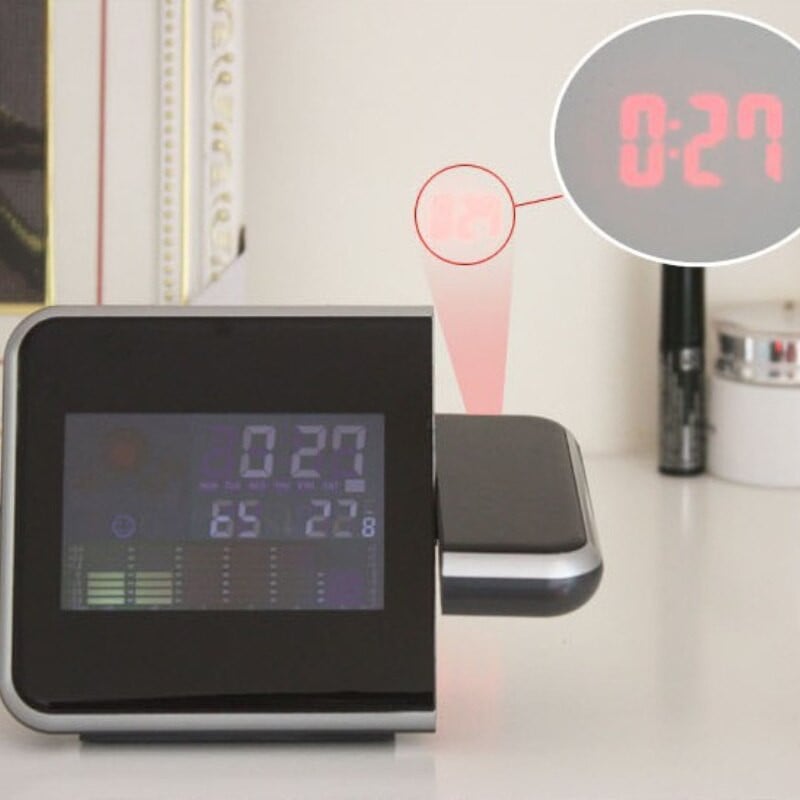 Nauja kūrybinė dėmesio projekcija skaitmeninių orų LCD snaudimo laikrodžio varpelio žadintuvo ekrano apšvietimas LED projektorius namų laikrodžio laikmatis