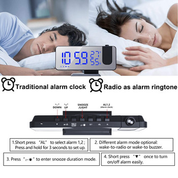 Ψηφιακό ξυπνητήρι LED προβολής για προβολή κρεβατοκάμαρας στην οροφή ραδιόφωνο FM USB Φορτιστής τηλεφώνου Προβολέας ώρας διπλού δυνατού ρολογιού