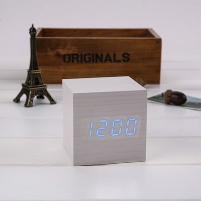 Ébresztőóra LED fa óra asztali hangvezérlés digitális Wood Despertador USB/AAA tápellátású elektronikus asztali órák