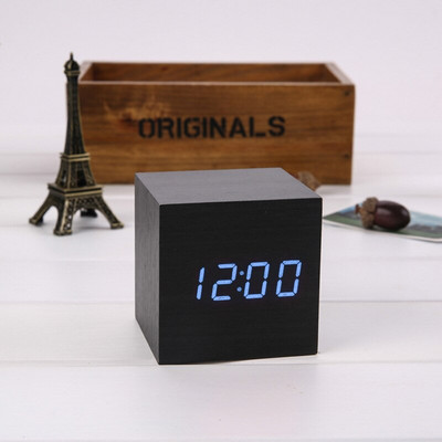 Ébresztőóra LED fa óra asztali hangvezérlés digitális Wood Despertador USB/AAA tápellátású elektronikus asztali órák