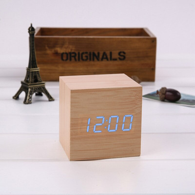 Ébresztőóra LED fa óra asztali hangvezérlés digitális Wood Despertador USB/AAA tápellátású elektronikus asztali órák