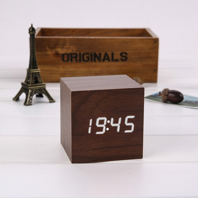 Ébresztőóra LED fa óra asztali hangvezérlés digitális Wood Despertador USB/AAA tápellátású elektronikus asztali órák