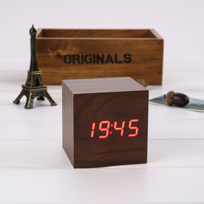 Ébresztőóra LED fa óra asztali hangvezérlés digitális Wood Despertador USB/AAA tápellátású elektronikus asztali órák