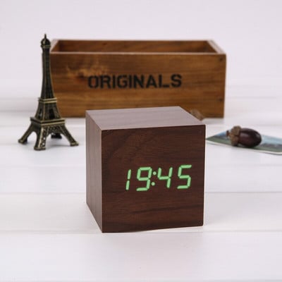 Ébresztőóra LED fa óra asztali hangvezérlés digitális Wood Despertador USB/AAA tápellátású elektronikus asztali órák
