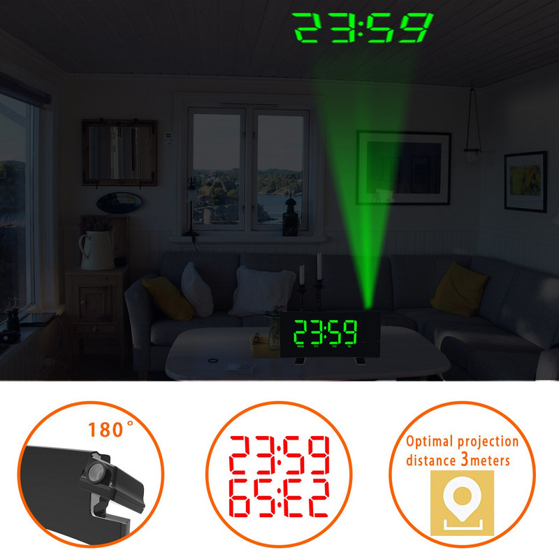 Ceas cu radio FM cu proiecție Ceas digital cu LED Ceas cu alarmă inteligent Ceas de masă Ceas electronic de birou Timp de trezire Amânare 2 alarmă