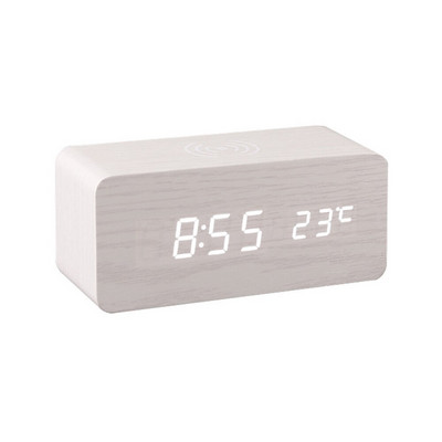 Modernus medinis medinis skaitmeninis LED stalinis žadintuvo termometras belaidis įkroviklis su „Qi“ belaidžiu įkrovimo padėklu, žadintuvo LED