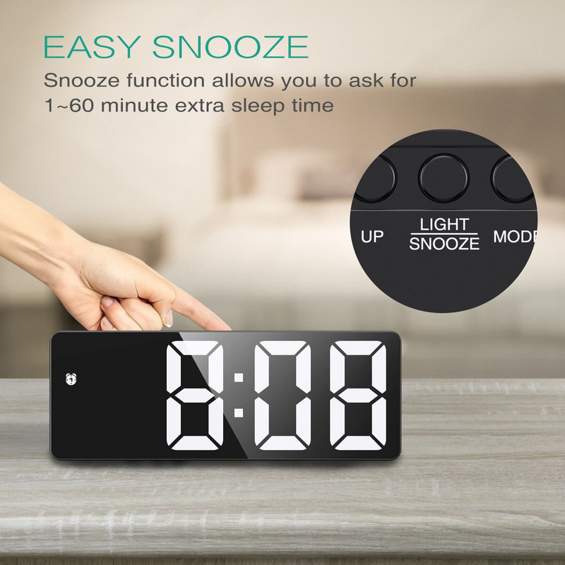 ORIA Ceas cu alarmă digital Ceas cu LED Ceas de birou Comandă vocală Timp de amânare Afișare temperatură Mod noapte Reloj Despertador USB