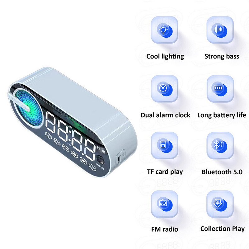 RGB TWS USB LED veidrodinis belaidis Bluetooth garsiakalbis Tylus skaitmeninis žadintuvas radijas FM didelis ekranas Miegamasis Svetainė Biuras