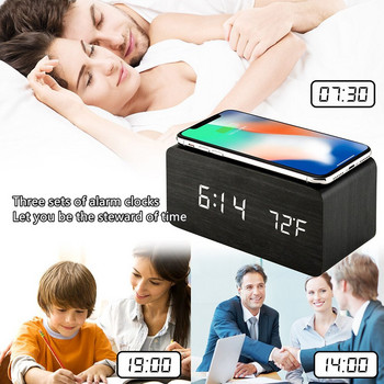 Ξυπνητήρι LED Ψηφιακό ξύλινο επιτραπέζιο ρολόι USB/AAA με τροφοδοσία θερμοκρασίας υγρασία Ασύρματη φόρτιση ηλεκτρονικά επιτραπέζια ρολόγια
