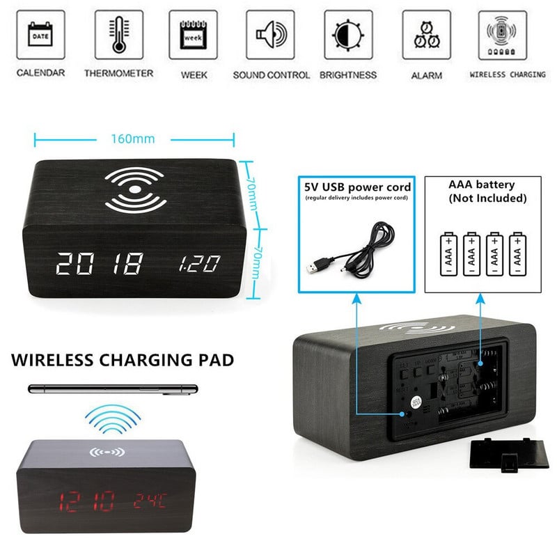 Žadintuvas LED skaitmeninis medinis USB/AAA maitinamas stalo laikrodis su temperatūros ir drėgmės belaidžiu įkrovimu elektroniniai staliniai laikrodžiai