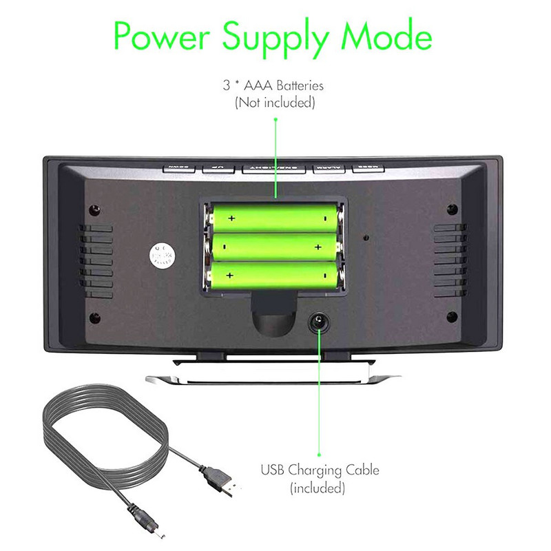 Skaitmeninis žadintuvas USB įkrovimas išlenktas didelis LED ekranas Elektroninis skaitmeninis stalinis laikrodis Netriukšmingas miegamojo naktinis staliukas