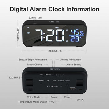 2022 Έξυπνο ρολόι ξυπνητηριού ρολόι επιτραπέζιο ρολόι Θερμοκρασία υγρασία Οθόνη Φωτεινότητα Ήχος Ρυθμιζόμενο 18 Μουσική αφύπνιση Αναβολή