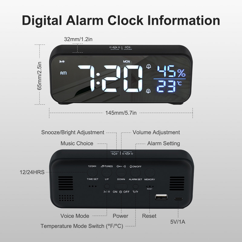2022 Smart Voice Control Ébresztőóra Asztali óra Hőmérséklet Páratartalom Kijelző Fényerő Hang Állítható 18 Zene Ébresztő szundi