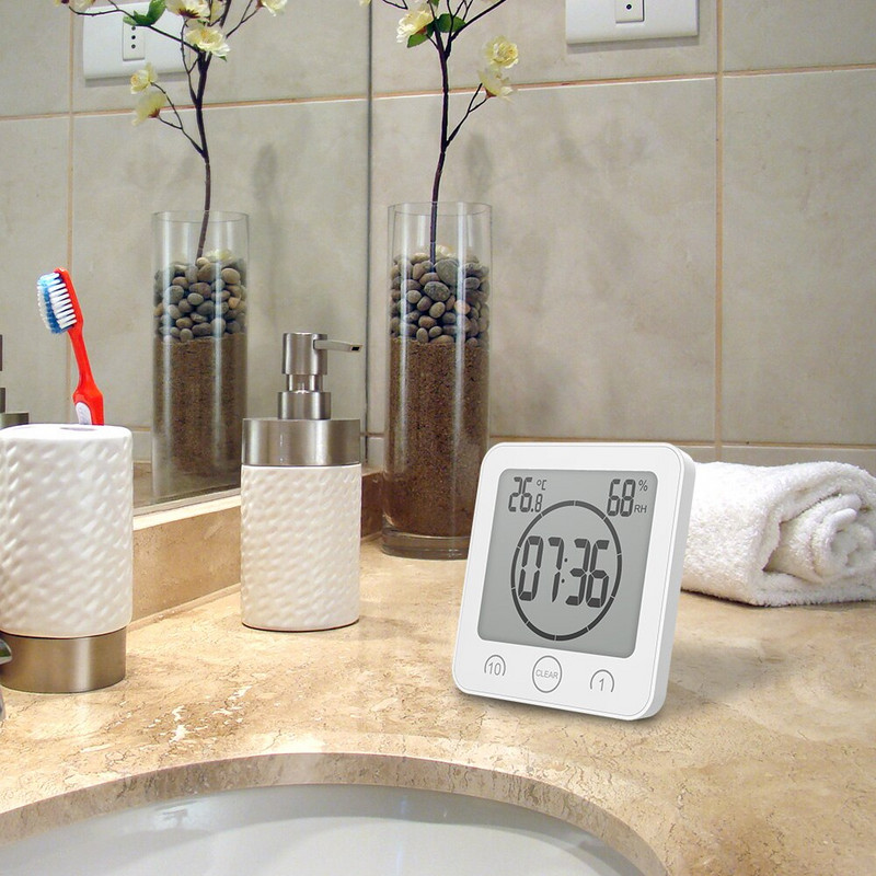 Digitális fürdőszobai órák Hőmérő Higrométer LCD tapadókorong Vízálló zuhanyórák Hőmérséklet Páratartalom mérő Ébresztőóra