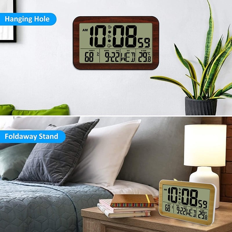 Többfunkciós digitális ébresztőóra Nagy LCD kijelző hőmérővel, nedvességmérővel falióra