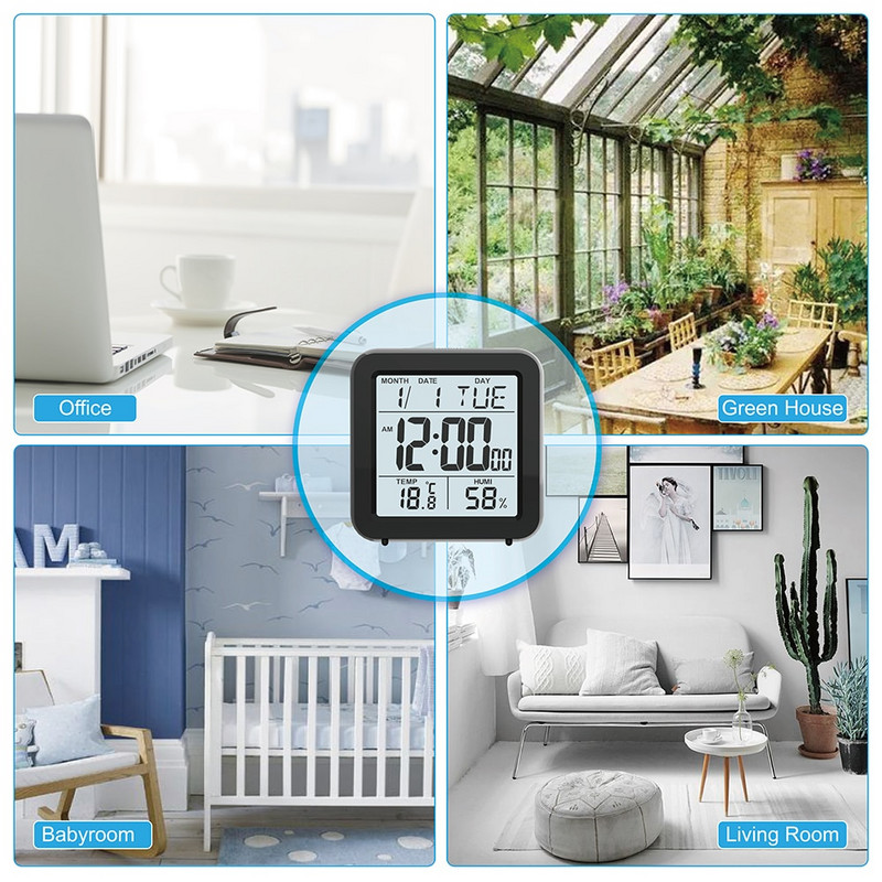 Elektronikus asztali szundi ébresztőóra naptár nagyméretű digitális éjjeliszekrény elemmel, hőmérővel és nedvességmérővel működtetve