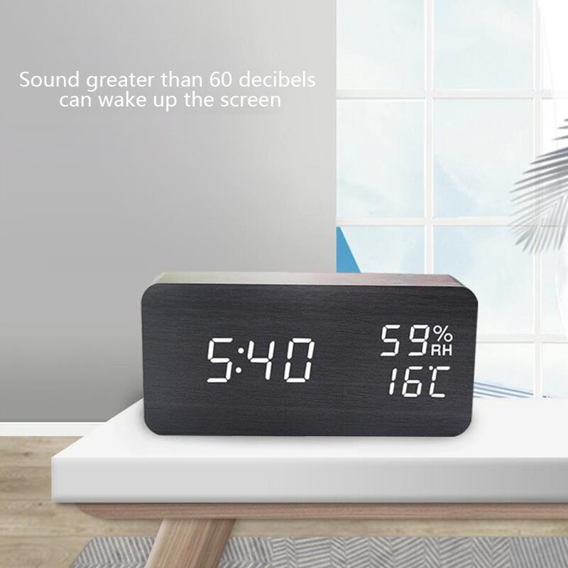 Ébresztőóra LED fa karóra Hangvezérlés digitális Wood Despertador USB/AAA tápellátású elektronikus asztali óra
