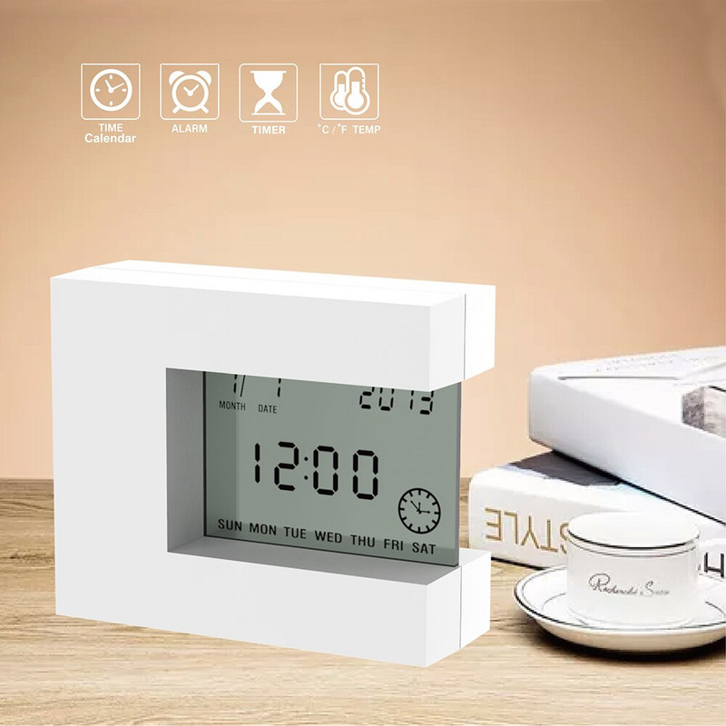 Ceas electronic Decorare birou de acasă cu LCD digital Calendar Data Alarma Cronometrul de numărătoare inversă Temperatura Funcționează cu baterie Pătrat