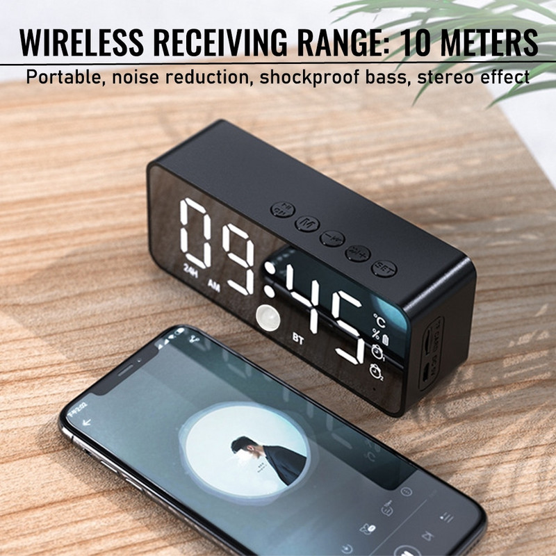 Led Mirror Digitális Ébresztőóra Vezeték nélküli Bluetooth Hangszóró Mp3 Fm Rádió Többfunkciós Szundi Kijelző Időtábla Dekoráció Asztali