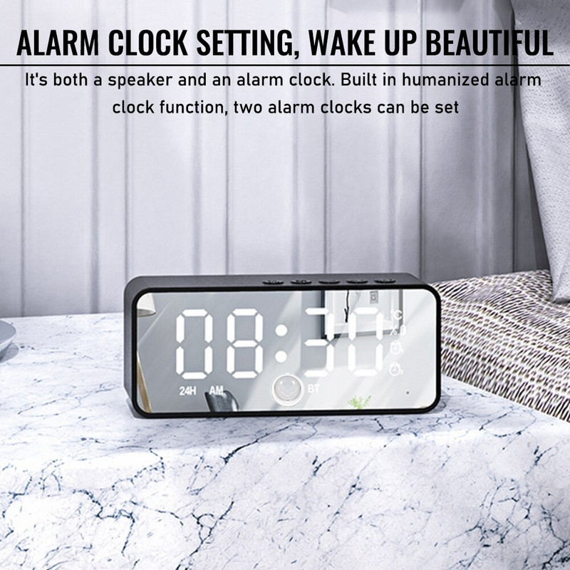 Led Mirror Digitális Ébresztőóra Vezeték nélküli Bluetooth Hangszóró Mp3 Fm Rádió Többfunkciós Szundi Kijelző Időtábla Dekoráció Asztali