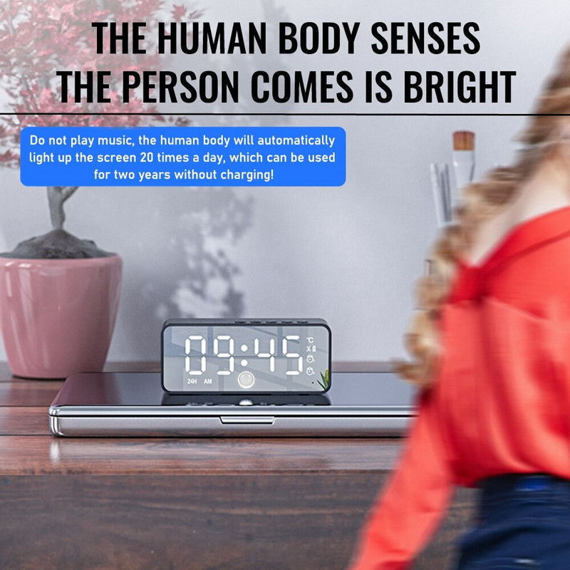 Led Mirror Digitális Ébresztőóra Vezeték nélküli Bluetooth Hangszóró Mp3 Fm Rádió Többfunkciós Szundi Kijelző Időtábla Dekoráció Asztali
