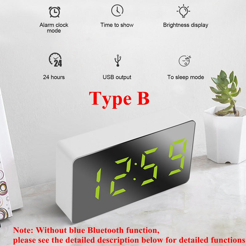 Led Mirror Digitális Ébresztőóra Vezeték nélküli Bluetooth Hangszóró Mp3 Fm Rádió Többfunkciós Szundi Kijelző Időtábla Dekoráció Asztali