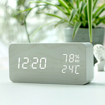 Ξύλινο επιτραπέζιο ρολόι LED Φωνητικός έλεγχος Ψηφιακό ρολόι Ξυπνητήρι με Λειτουργία ημερολογίου τριών ομάδων κουδουνίσματος θερμοκρασίας υγρασίας