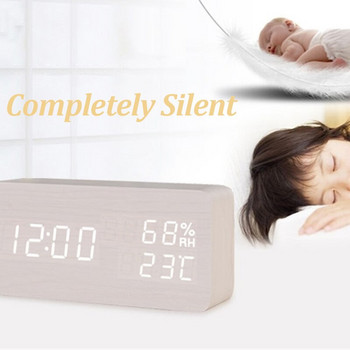 Ξύλινο επιτραπέζιο ρολόι LED Φωνητικός έλεγχος Ψηφιακό ρολόι Ξυπνητήρι με Λειτουργία ημερολογίου τριών ομάδων κουδουνίσματος θερμοκρασίας υγρασίας