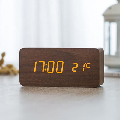 Fából készült digitális LED ébresztőóra hangvezérlés USB/AAA tápellátású elektronikus asztali óra többfunkciós hőmérsékletű asztali óra dekoráció