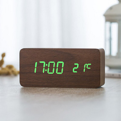 Fából készült digitális LED ébresztőóra hangvezérlés USB/AAA tápellátású elektronikus asztali óra többfunkciós hőmérsékletű asztali óra dekoráció