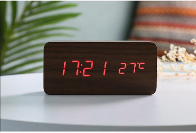 Ceas deșteptător LED Ceas de masă digital din lemn cu control vocal Despertador din lemn Ceasuri electronice de birou alimentate prin USB/AAA