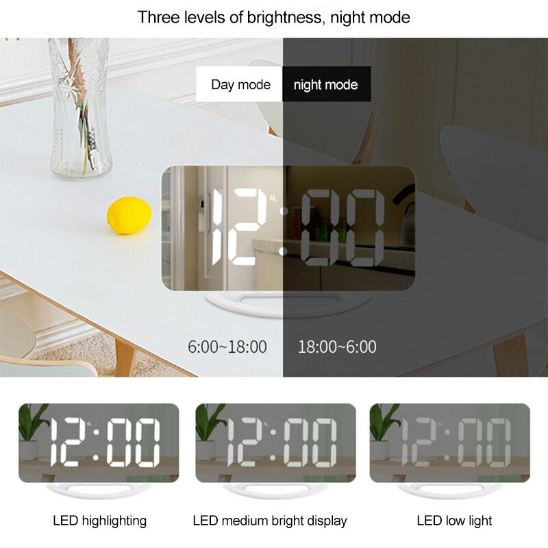 Kūrybiškas garsiai vibruojantis žadintuvas Skaitmeninis LED veidrodinis laikrodis su lovos kratytuvu, reguliuojamu ryškumu sunkiai miegantiems suaugusiems kurtiesiems