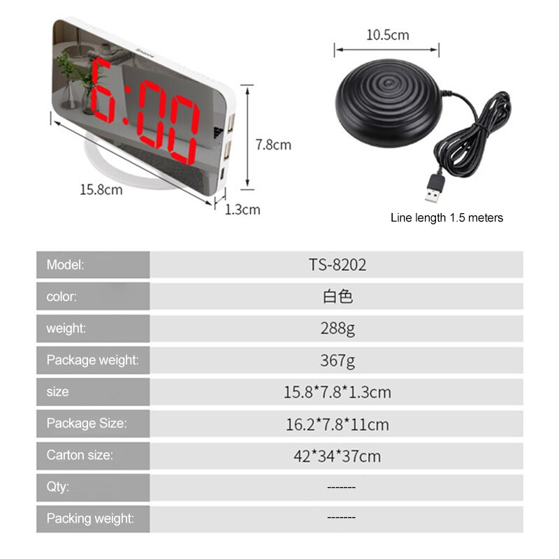 Kūrybiškas garsiai vibruojantis žadintuvas Skaitmeninis LED veidrodinis laikrodis su lovos kratytuvu, reguliuojamu ryškumu sunkiai miegantiems suaugusiems kurtiesiems