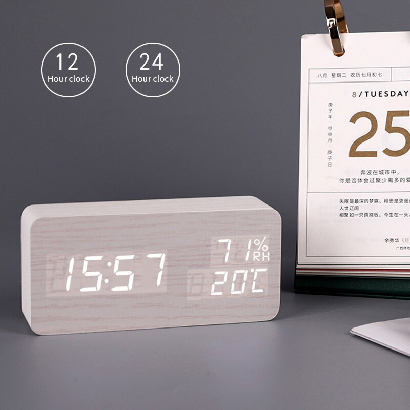 Žadintuvas LED skaitmeninis medinis stalinis laikrodis USB/AAA maitinamas temperatūros ir drėgmės valdymo balsu stalinis laikrodis snaudimas elektroninis
