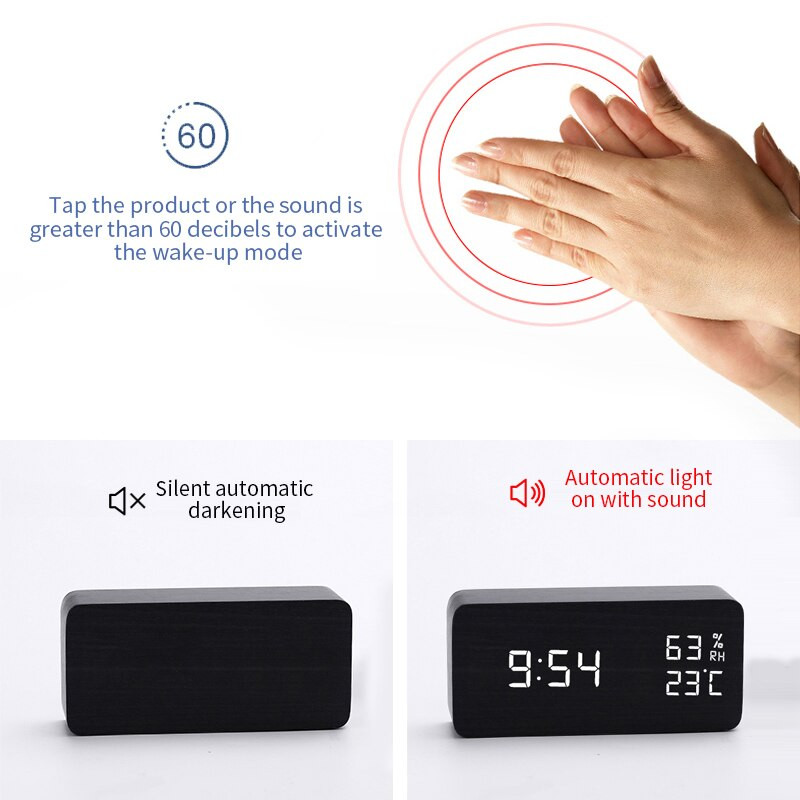 Žadintuvas LED skaitmeninis medinis stalinis laikrodis USB/AAA maitinamas temperatūros ir drėgmės valdymo balsu stalinis laikrodis snaudimas elektroninis