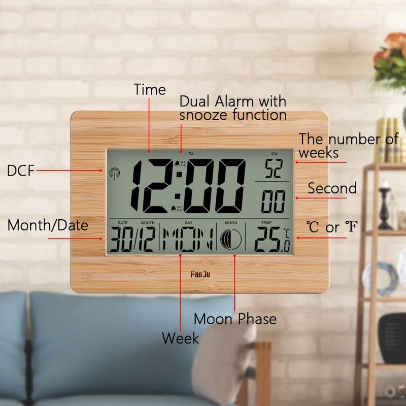 FanJu FJ3530 Ceas digital de perete LCD Alarma Dimensiune mare Număr Multifuncțional Temperatura Ceasuri de masă Termometru de noptieră Ceas mare
