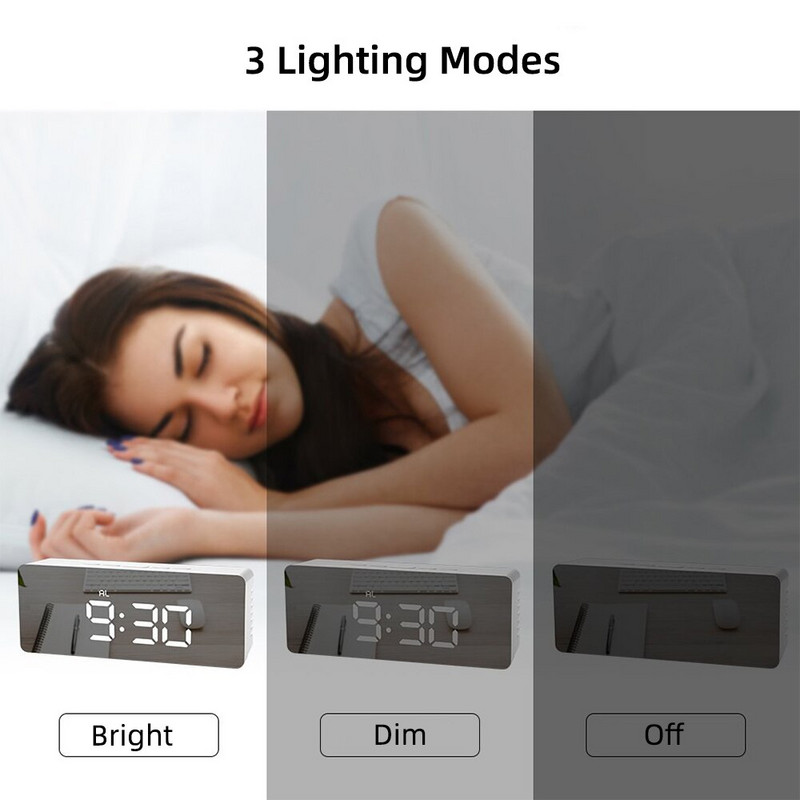 LED többfunkciós tüköróra digitális ébresztő szundi kijelző idő Éjszakai LCD fény asztali asztali USB 5V/elem nélkül lakberendezés