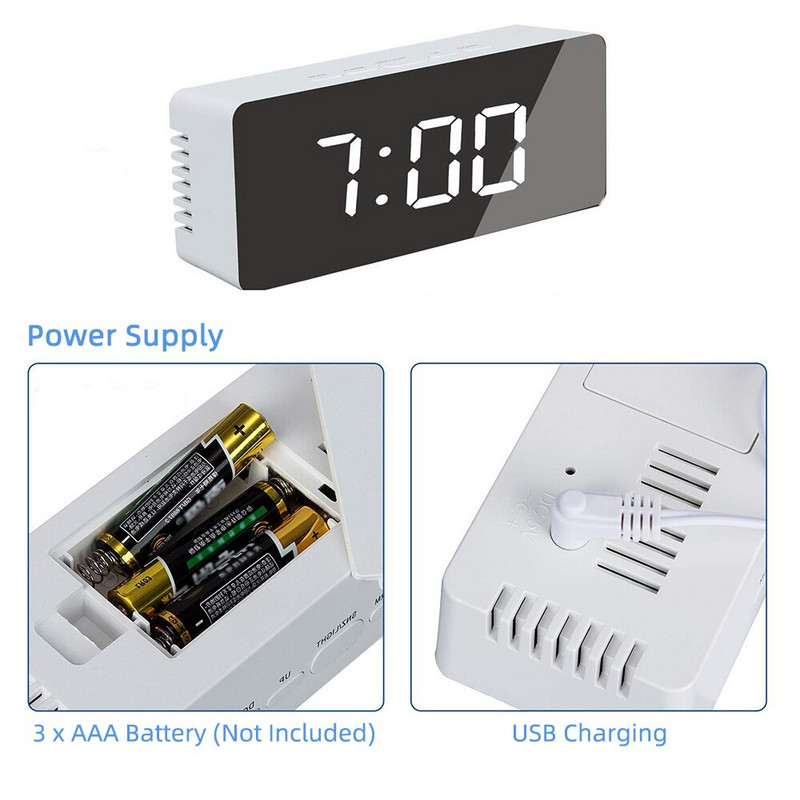 LED többfunkciós tüköróra digitális ébresztő szundi kijelző idő Éjszakai LCD fény asztali asztali USB 5V/elem nélkül lakberendezés