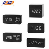 JINSUN Modern Fa óra Led Kijelző Digitális Ébresztőóra Egylapos bambusz Show Temp Time Hangvezérlés