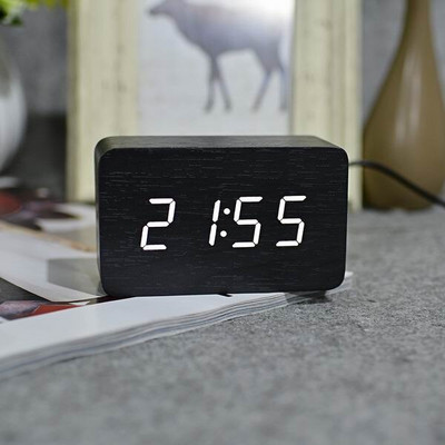 JINSUN Modern Fa óra Led Kijelző Digitális Ébresztőóra Egylapos bambusz Show Temp Time Hangvezérlés