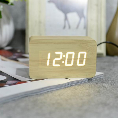 JINSUN Modern Fa óra Led Kijelző Digitális Ébresztőóra Egylapos bambusz Show Temp Time Hangvezérlés