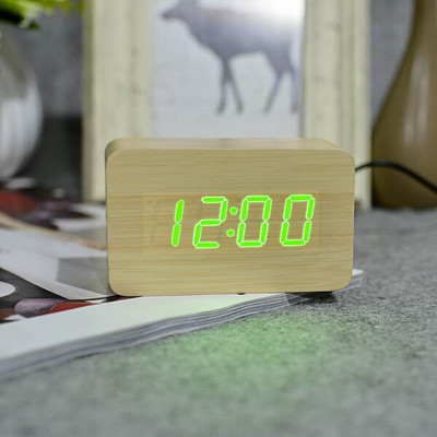 JINSUN Modern Fa óra Led Kijelző Digitális Ébresztőóra Egylapos bambusz Show Temp Time Hangvezérlés