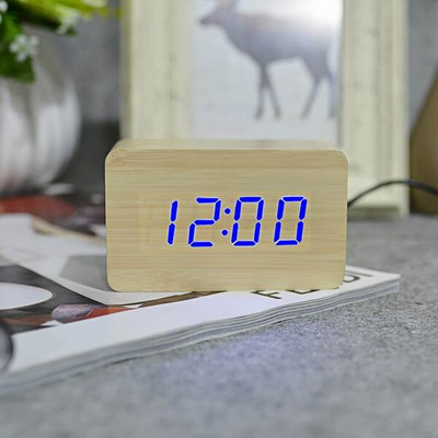 JINSUN Modern Fa óra Led Kijelző Digitális Ébresztőóra Egylapos bambusz Show Temp Time Hangvezérlés