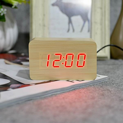 JINSUN Modern Fa óra Led Kijelző Digitális Ébresztőóra Egylapos bambusz Show Temp Time Hangvezérlés