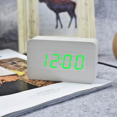 JINSUN Modern Fa óra Led Kijelző Digitális Ébresztőóra Egylapos bambusz Show Temp Time Hangvezérlés